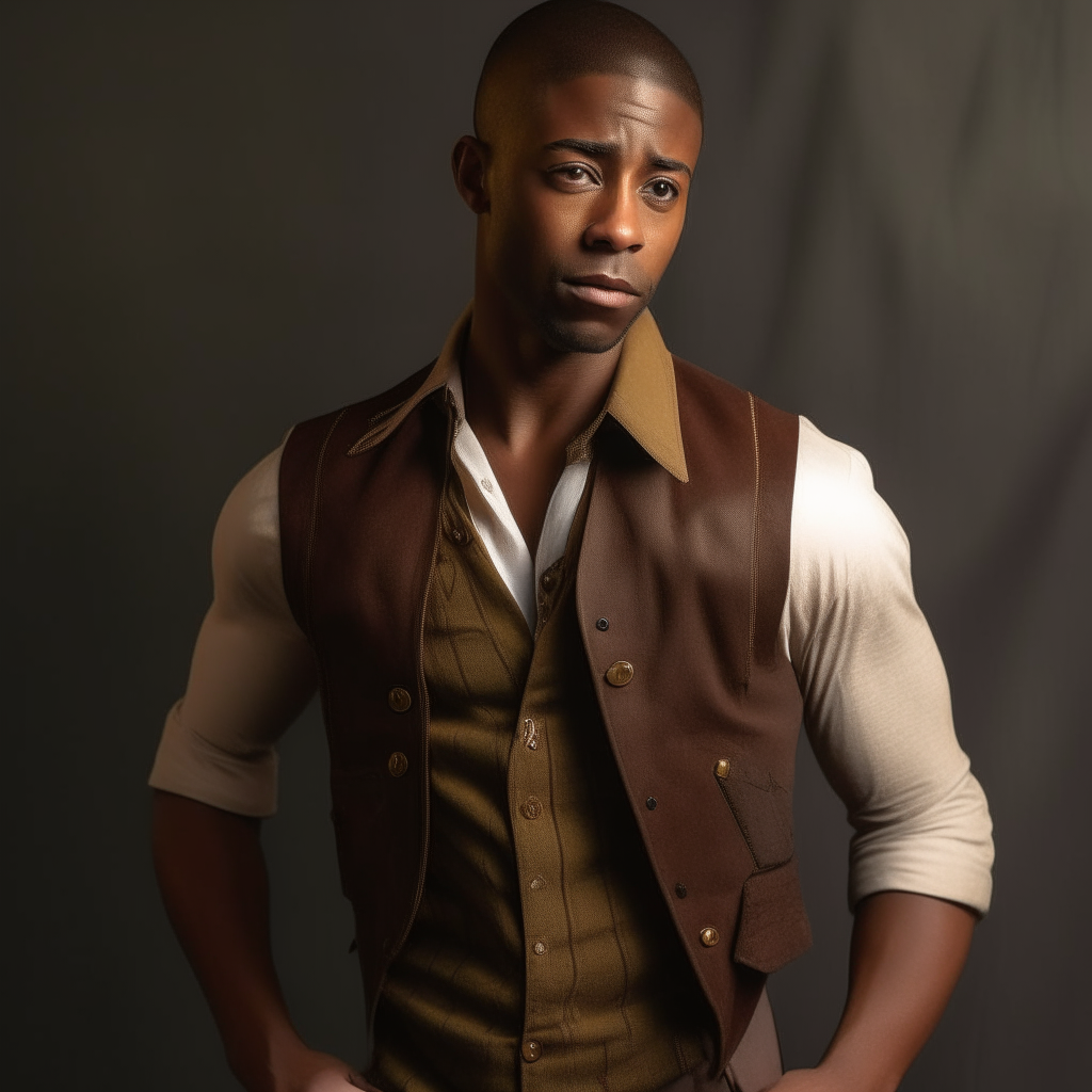 A model wearing a fitted brown suede vest with brass buttons over a striped shirt