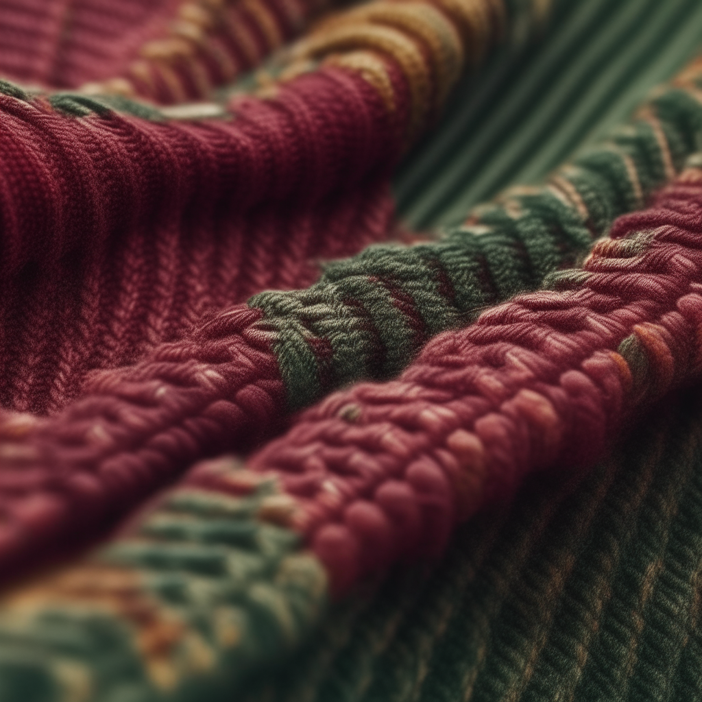A close-up of a vest's woven pattern in fall colors like burgundy and forest green