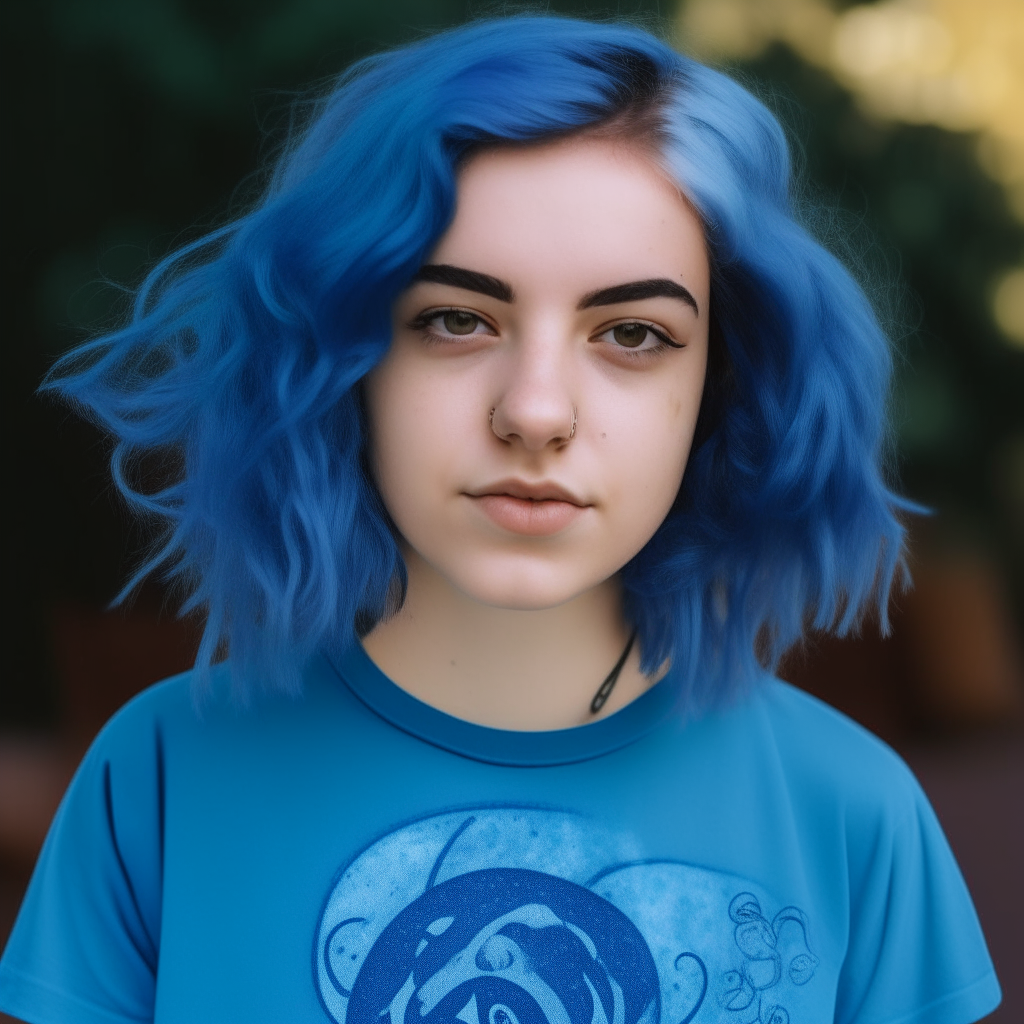 A young person with wavy blue hair and blue eyes, wearing a t-shirt with the astrological symbol for Aquarius printed on it