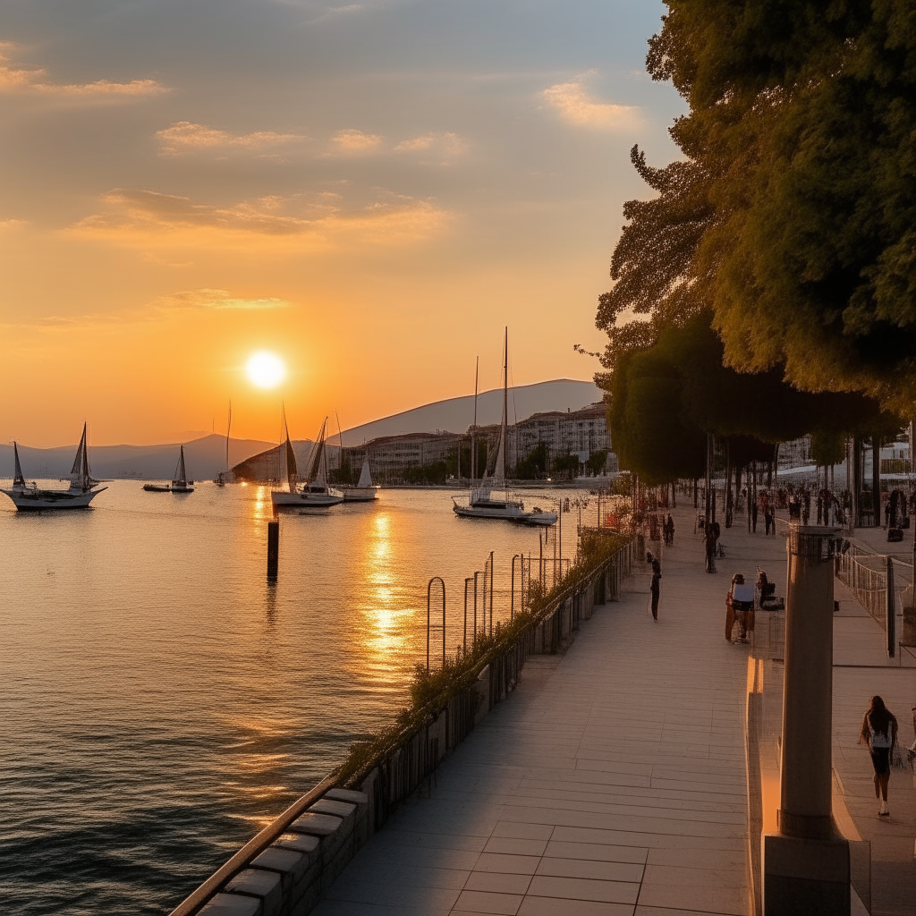 The seaside promenade in Side at sunset, with sailboats docked in the harbor and the mountains beyond