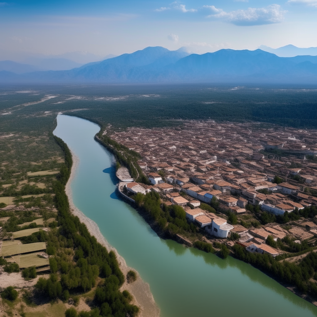 An aerial view of the Manavgat River flowing through the town of Manavgat, with the surrounding mountains