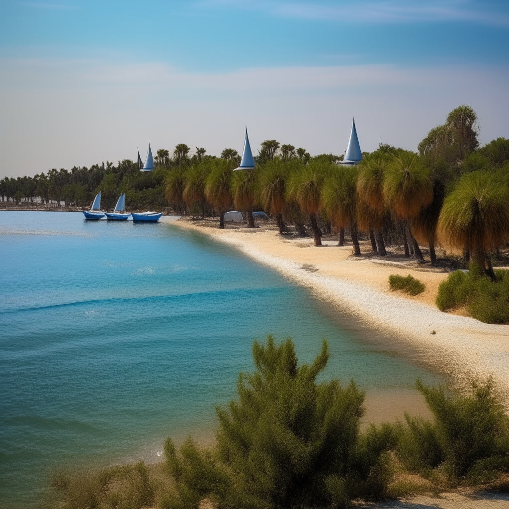 The coastline near Manavgat, with sailboats docked along the shore and palm trees lining the beach