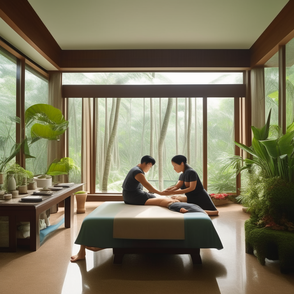 A couple receiving massage treatments side by side in a spa room with floor-to-ceiling windows overlooking tropical gardens