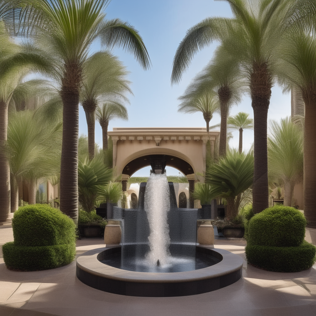 A view of the entrance to an elegant spa resort, with palm trees and a water feature in the foreground
