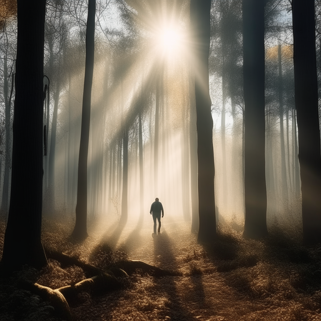 photorealistic giant man walking in a forest, distante point view