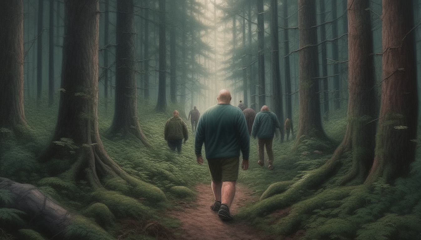 photorealistic giant man walking in a forest, near other normal men