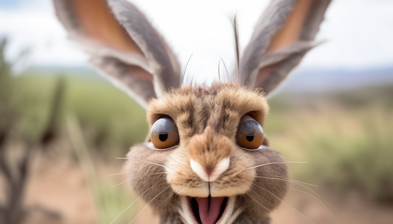 High-resolution photos of Labuboo.  "Bunny Ear Monster" has sharp teeth, big eyes, a wide mouth smile, no tail, plus soft fur, giving the appearance of a cute and irritating monster perfectly.  Each pink, three brown, and two white individuals touched their foreheads with two fingers and all viewed using a high-resolution, realistic worm-eye camera.  Ultra realistic face  Above are trees and an African mountain landscape.  They are looking down the camera lens in wonder at the 50mm at f/1.8 UHD 64K.