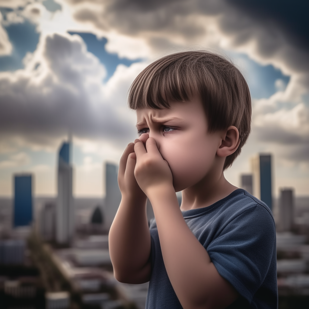 Image of an 8-year-old boy doing a mental link where he taps his forehead with his index and middle fingers.  Then looked down at the camera lens and saw  There will be buildings on both sides, the sky, and clouds as the background. Realistic, sharp 8k images.