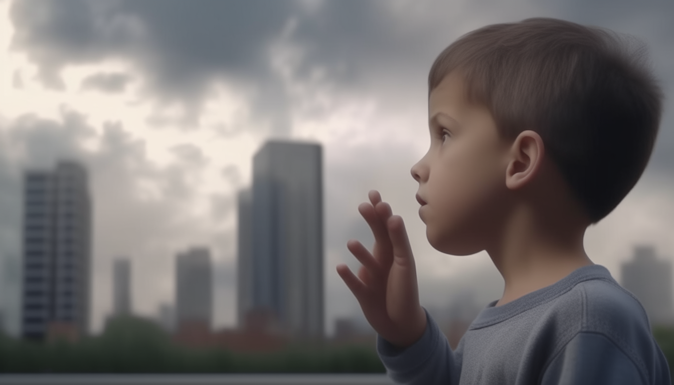 Image of an 8-year-old boy performing a mental link where he taps his forehead with his index and middle fingers.  Then he looked down at the camera lens and saw  There will be buildings on both sides, the sky, and clouds as the background. Realistic, sharp 8k images.