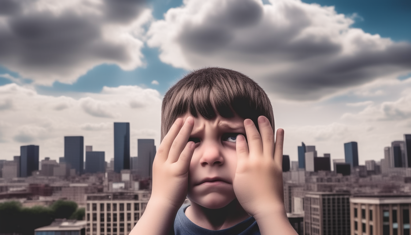 Image of an 8-year-old boy doing a mental link where he taps his forehead with his index and middle fingers.  Then he looked down at the camera lens and saw  There will be buildings on both sides, the sky, and clouds as the background. Realistic, sharp 8k images.
