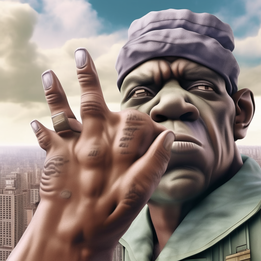 Labu Boo is pictured doing a salute, with his index and middle fingers tapping the corners of his eyebrows.  Then he looked down at the camera lens and saw  There will be buildings on both sides, the sky, and clouds as the background. Realistic, sharp 8k images.