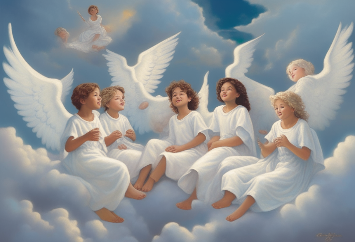 A group of angels sit on fluffy white clouds, gazing down with smiles as a young angel girl sings below them. The clouds and angels glow softly in the twilight sky.