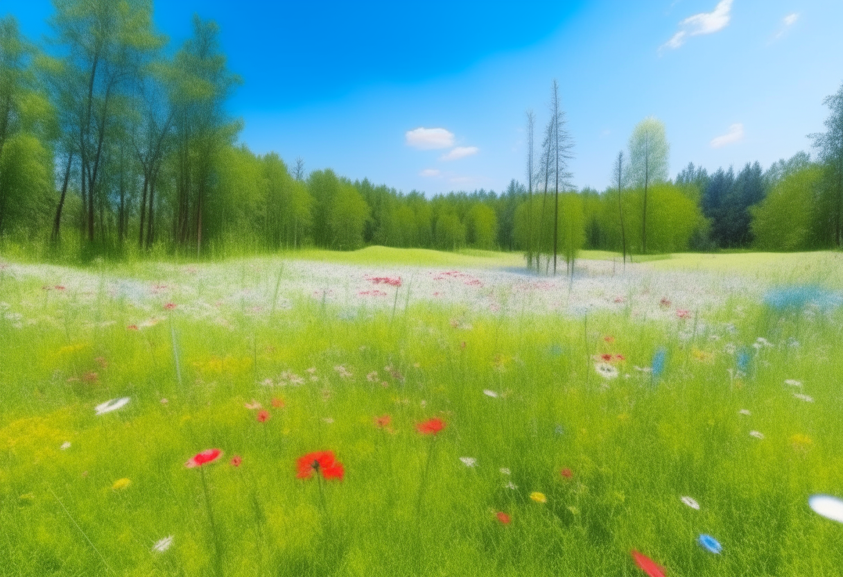 A beautiful forest meadow with colorful wildflowers under a clear blue sky.
