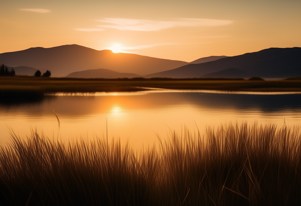 A tranquil lake at sunset, with tall grass and mountains in the distance silhouetted against a golden glow.