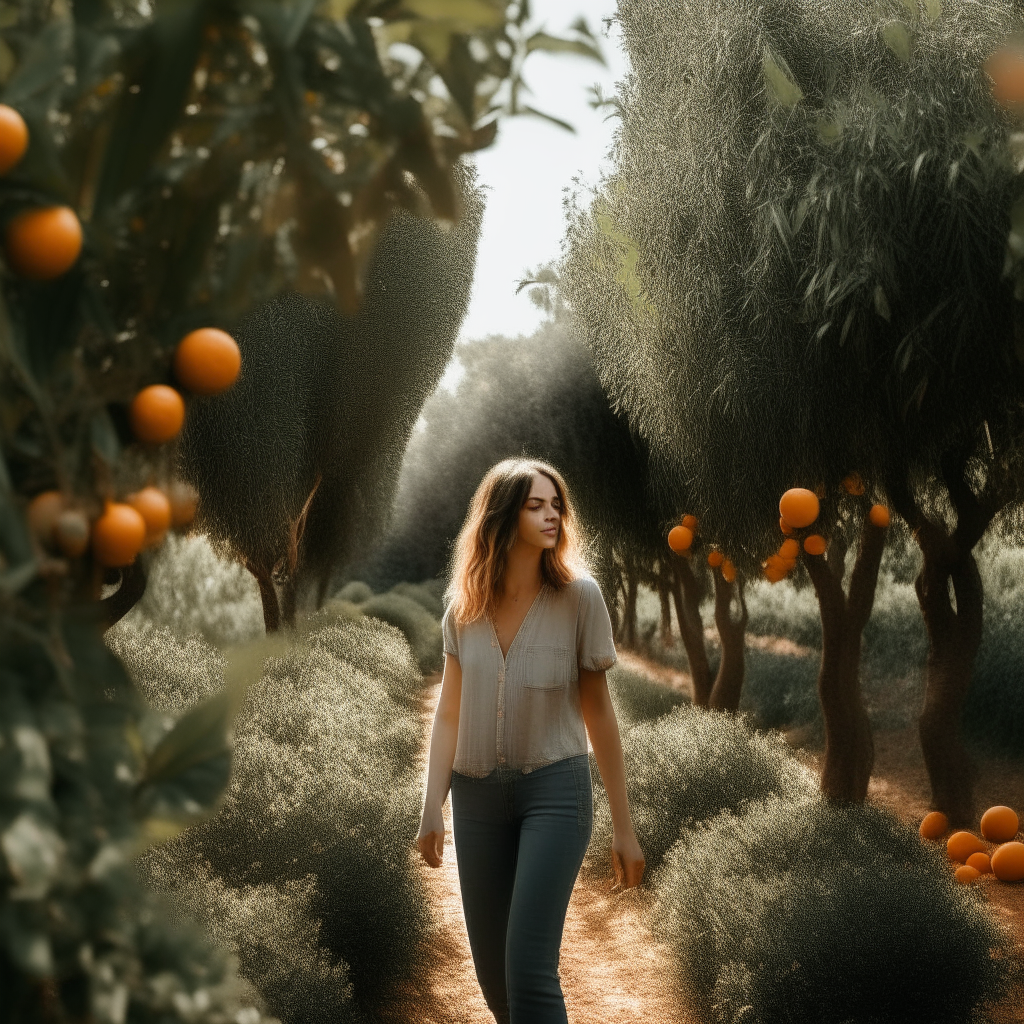 A young woman strolls through a garden among orange trees on a sunny day