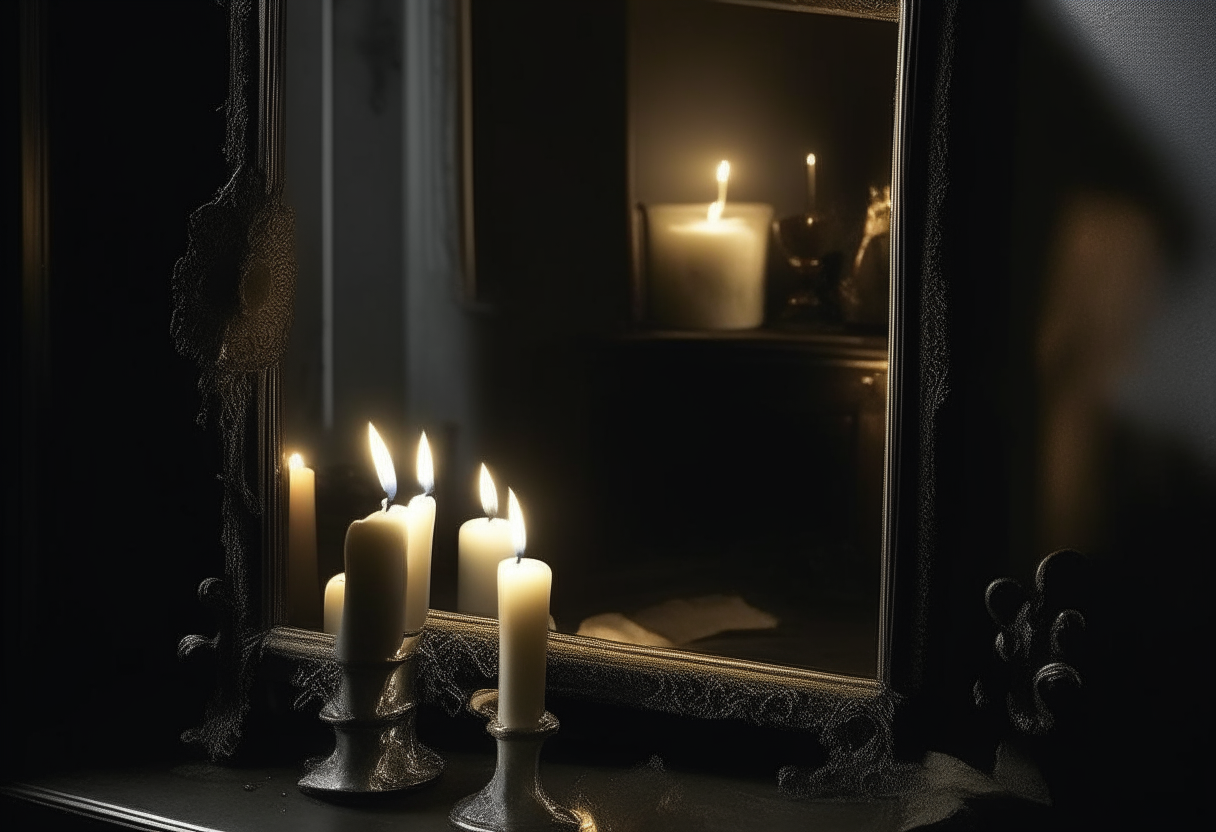 crea una stanza con un oscuro specchio intrigante, pauroso incorniciato con candele tremolanti