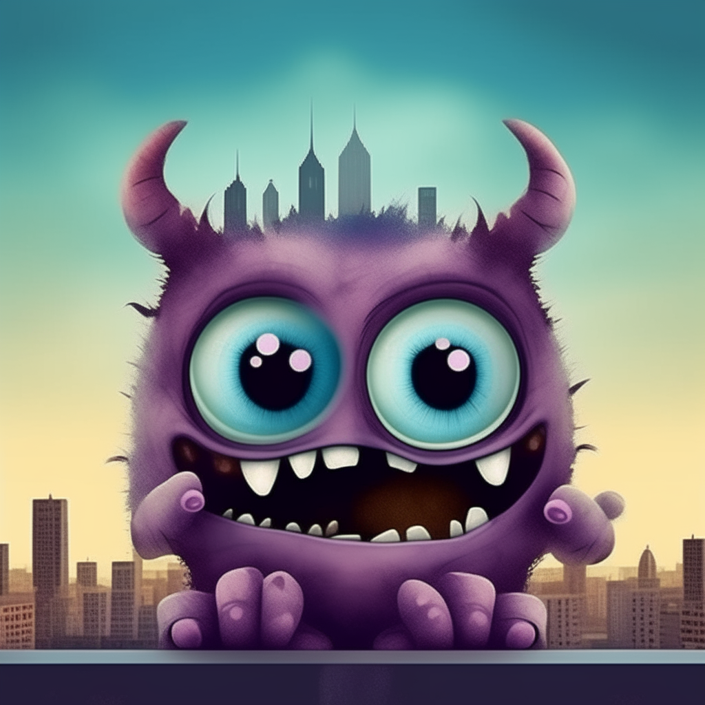 Picture of Labu Boo, the "rabbit ear monster" with sharp teeth, big eyes, a wide mouth smile, no tail, and soft fur, giving him the perfect look of a cute and annoying monster. Picture of Labu Boo using his two fingers.  With his index and middle fingers holding his forehead.  Then look down at the camera lens below and see that there are buildings on both sides of the road, the sky, and clouds in the background. The 8K picture is sharp and realistic.