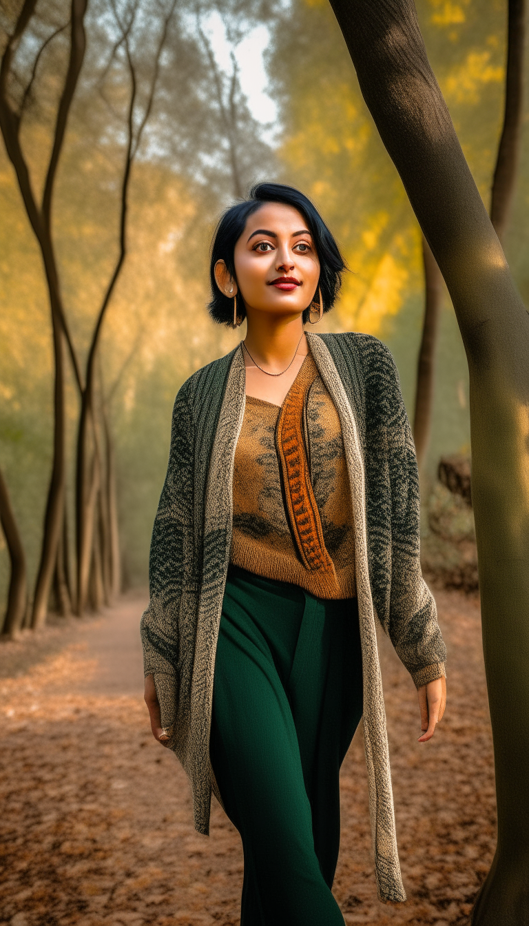20 year beautiful Nepali stylish woman attitude, background- jungle of tree Dogwood (Cornus florida), walking poses, 'Blunt Lob' hairstyle, wear dress details - ' Solid Open Front Pointelle Knit Cardigan, Casual Scallop Trim Long Sleeve Cardigan For Spring & Fall, Women's Clothing and Paisley Print High Waist Lungi, low-angle shot, wide-angle shot, vibrant color grading, cool-toned color grading, bokeh