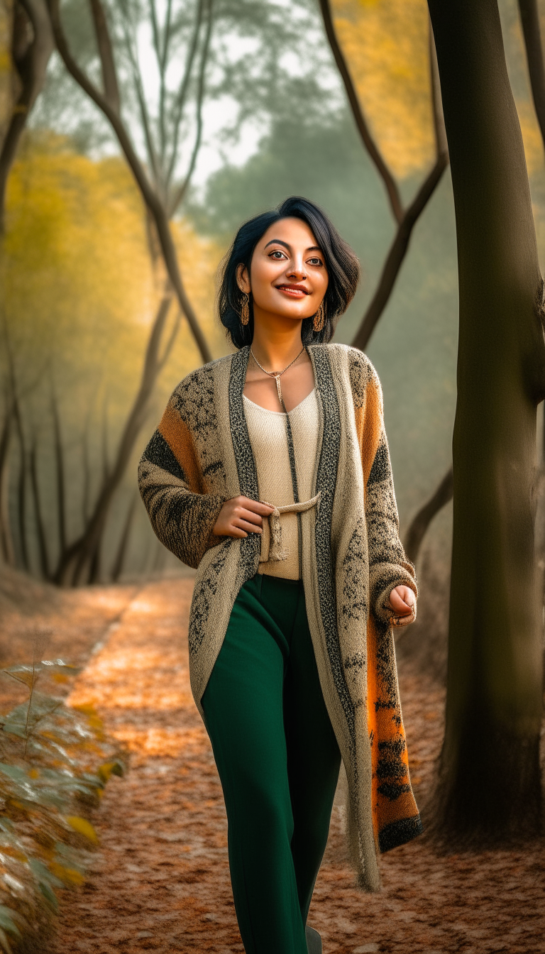 20 year beautiful Nepali stylish woman attitude, background- jungle of tree Dogwood (Cornus florida), walking poses, 'Blunt Lob' hairstyle, wear dress details - ' Solid Open Front Pointelle Knit Cardigan, Casual Scallop Trim Long Sleeve Cardigan For Spring & Fall, Women's Clothing and Paisley Print High Waist Lungi, low-angle shot, wide-angle shot, vibrant color grading, cool-toned color grading, bokeh