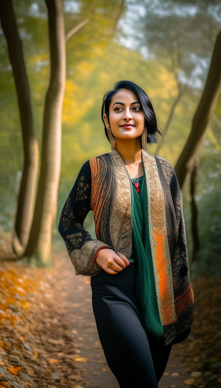 20 year beautiful Nepali woman attitude, background- jungle of tree Dogwood (Cornus florida), walking poses, 'Blunt Lob' hairstyle, wear dress details - ' Solid Open Front Pointelle Knit Cardigan, Casual Scallop Trim Long Sleeve Cardigan For Spring & Fall, Women's Clothing and Paisley Print High Waist Lungi, low-angle shot, wide-angle shot, vibrant color grading, cool-toned color grading, bokeh