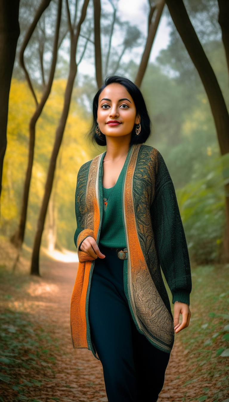 20 year beautiful Nepali woman attitude, background- jungle of tree Dogwood (Cornus florida), walking poses, 'Blunt Lob' hairstyle, wear dress details - ' Solid Open Front Pointelle Knit Cardigan, Casual Scallop Trim Long Sleeve Cardigan For Spring & Fall, Women's Clothing and Paisley Print High Waist Lungi, low-angle shot, wide-angle shot, vibrant color grading, cool-toned color grading, bokeh