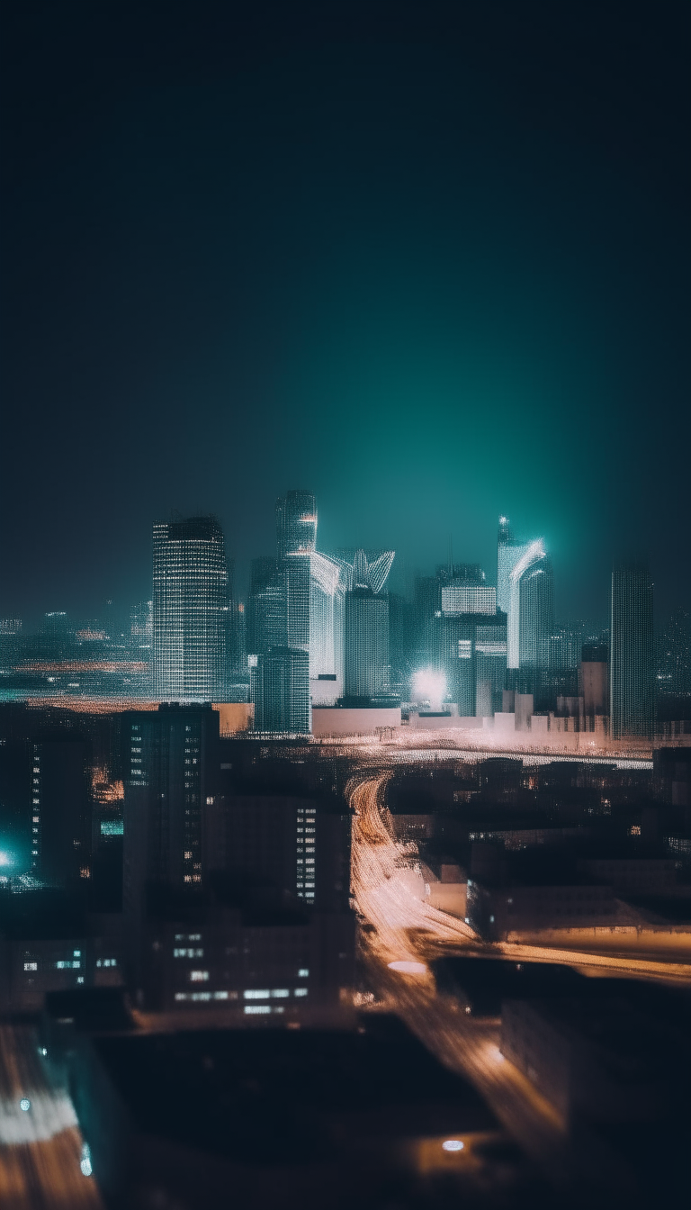 wide-angle shot of a city skyline at night with cool tones and bokeh
