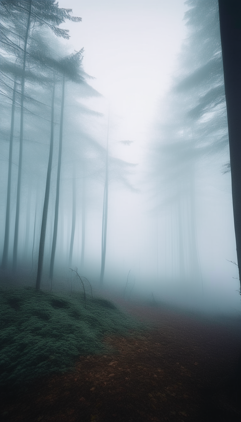 wide-angle shot of a forest in fog with cool tones and bokeh