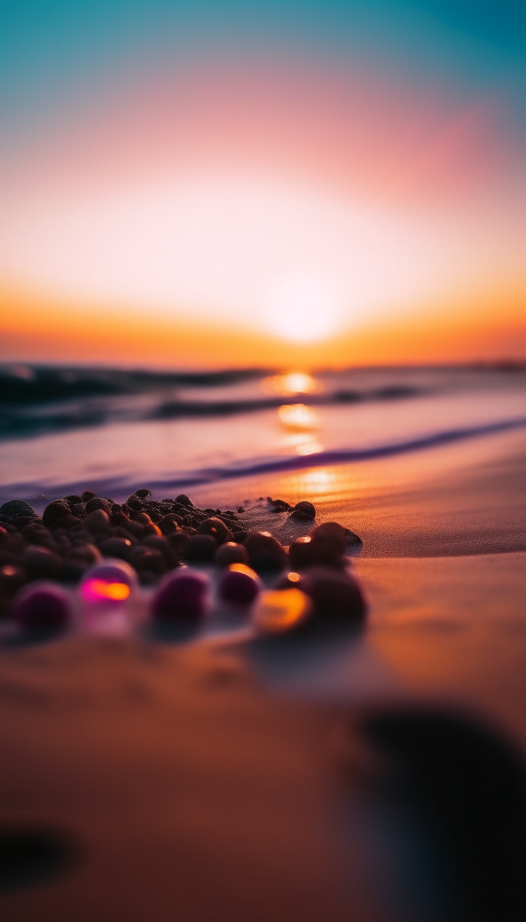 low-angle shot of a beach at sunset with vibrant colors and bokeh