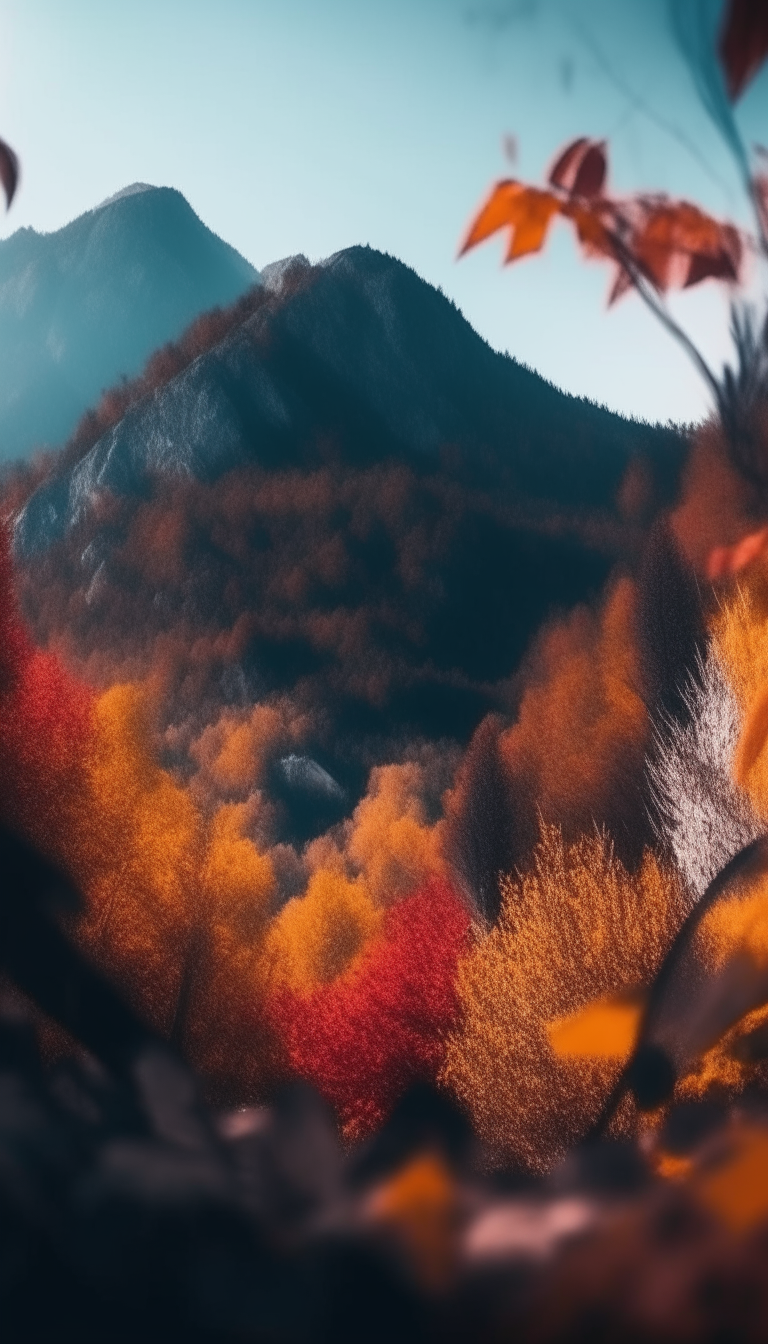 low-angle shot of mountains in autumn with vibrant colors and bokeh