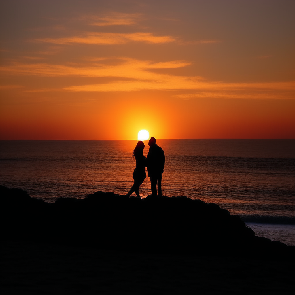 a scenic sunset over the ocean with two people embracing in silhouette