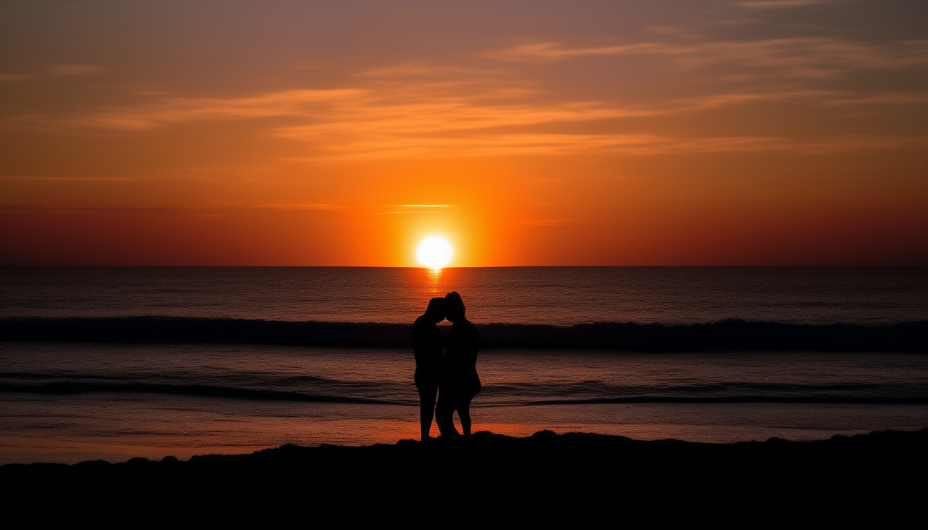 a scenic sunset over the ocean with two people embracing in silhouette