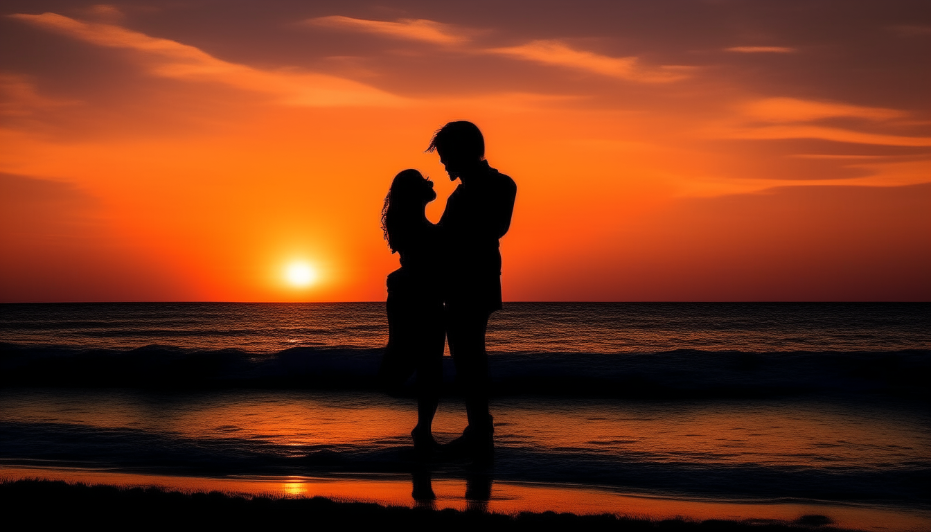 a scenic sunset over the ocean with two people embracing in silhouette. Title: In Your Arms. Description: Experience the enchanting journey of love through melodies and heartfelt lyrics. This song is a celebration of the deep connection between two souls, expressed through music that uplifts and inspires