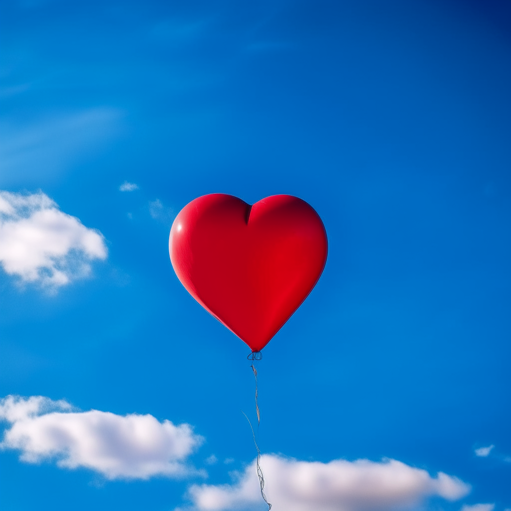 a red heart shaped balloon floating in front of a vibrant blue sky
