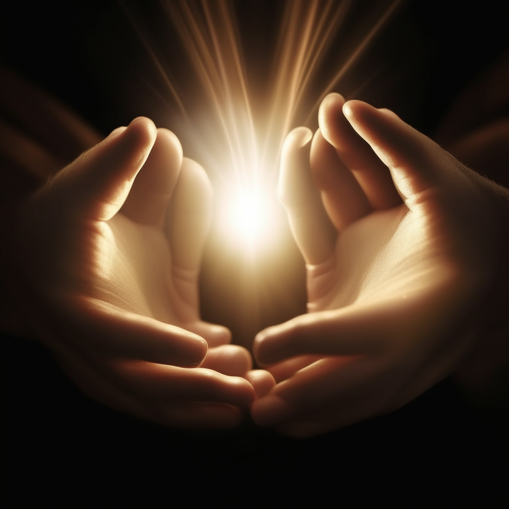 two hands forming a heart shape with rays of light shining through
