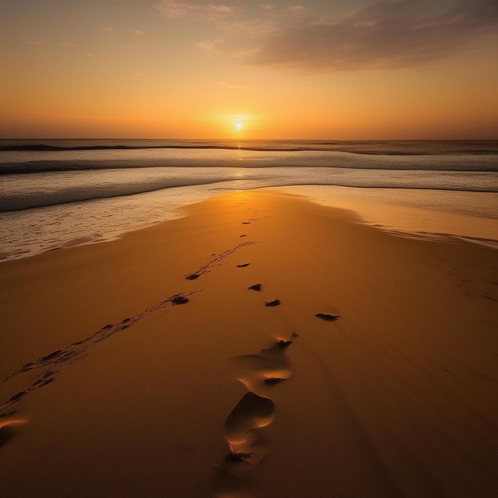 a scenic beach sunset with two sets of footprints in the sand leading to the ocean