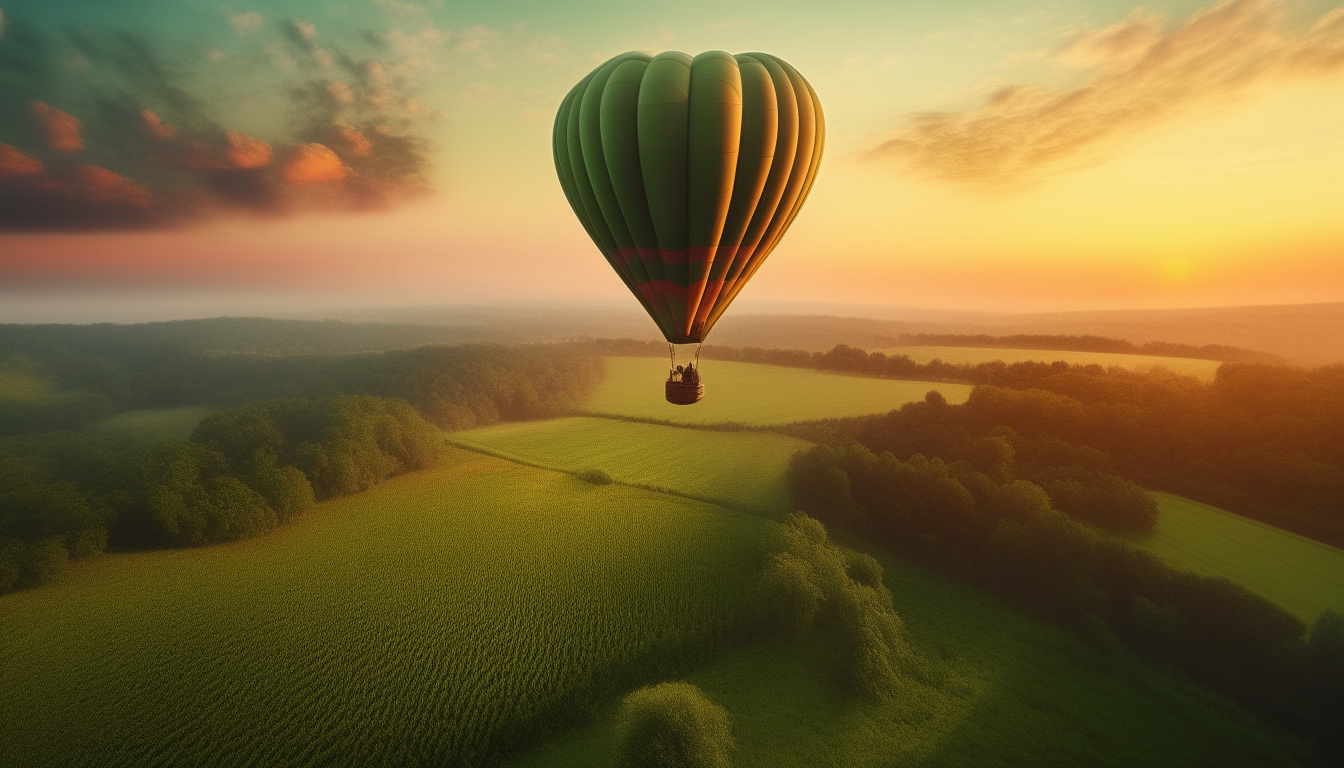a heart shaped hot air balloon floating over a green countryside landscape at sunset