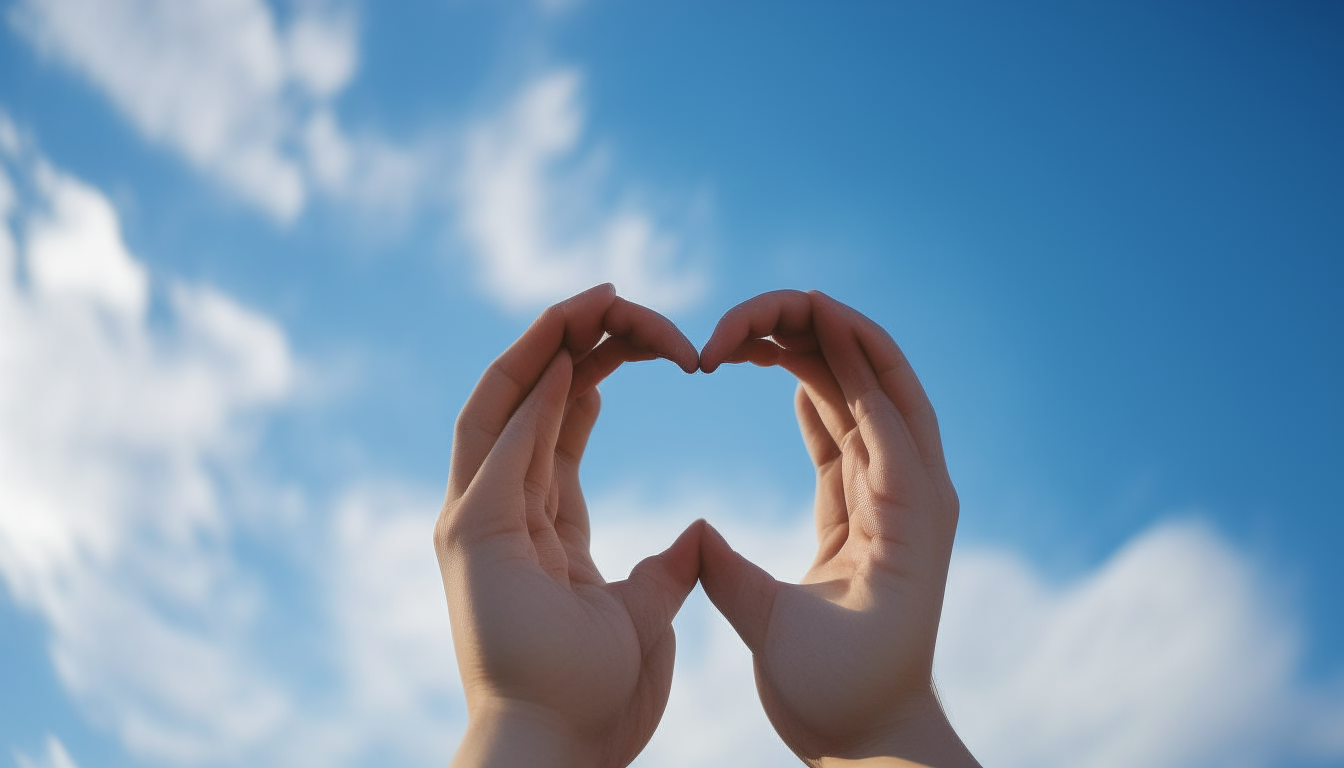 two hands forming a heart shape against a blue sky background with clouds