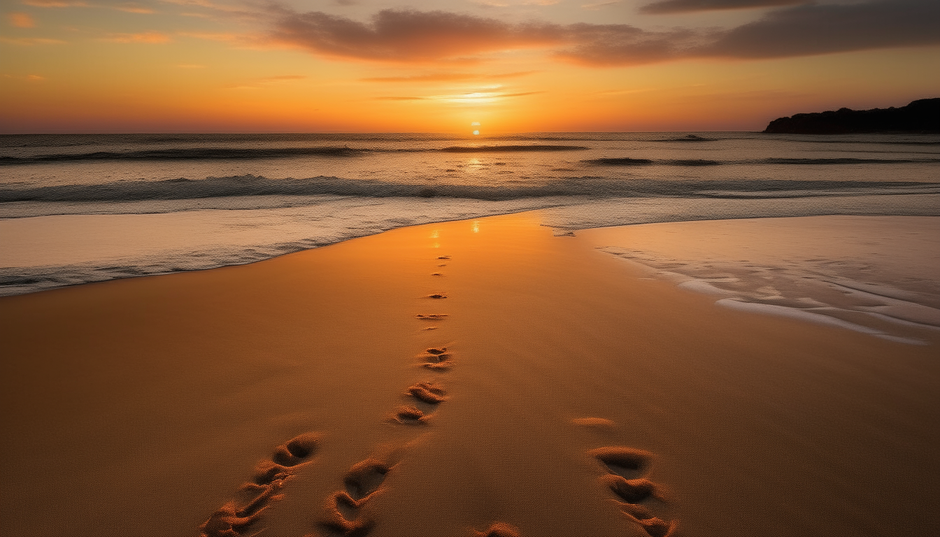 a scenic ocean sunset with two sets of footprints in the sand leading to the shoreline