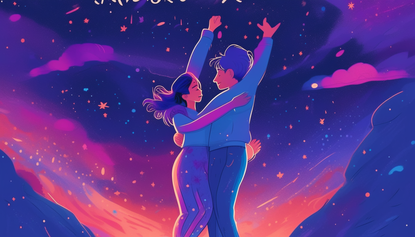 A couple dancing lovingly under a starry night sky filled with vibrant colors of purple, blue and pink hues. The background has a magical, glowing aesthetic. Title text on top reads 'In Your Arms' and description text on bottom.