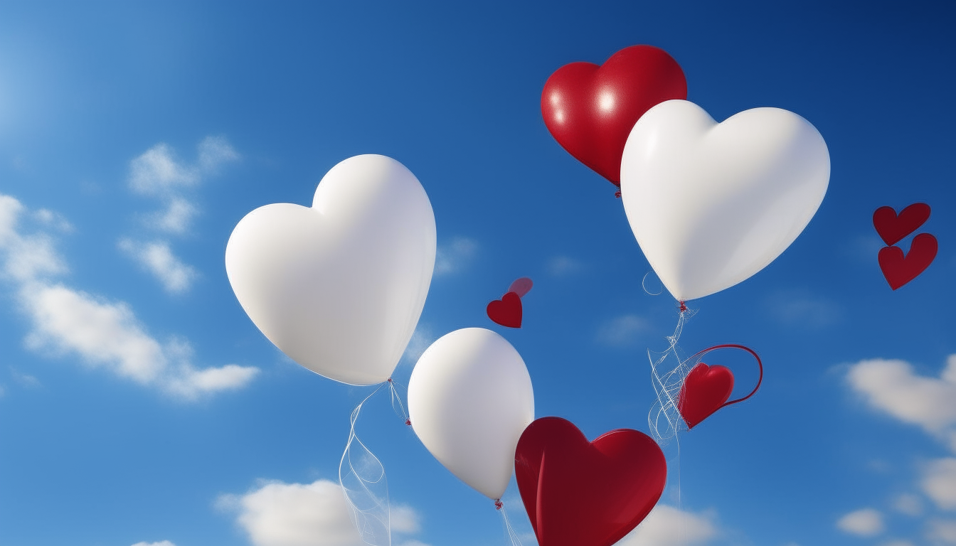 red and white heart shaped balloons floating in front of a blue sky
