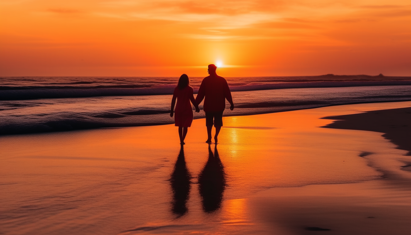 a couple holding hands walking on the beach into a vibrant sunset