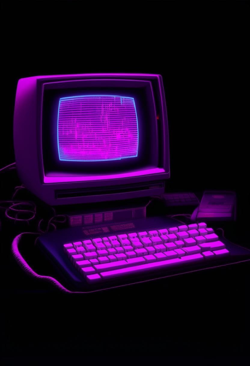 A neon pink and purple computer terminal displaying 'Neon-o-pia' against a dark purple backdrop, pixel art, 460x200