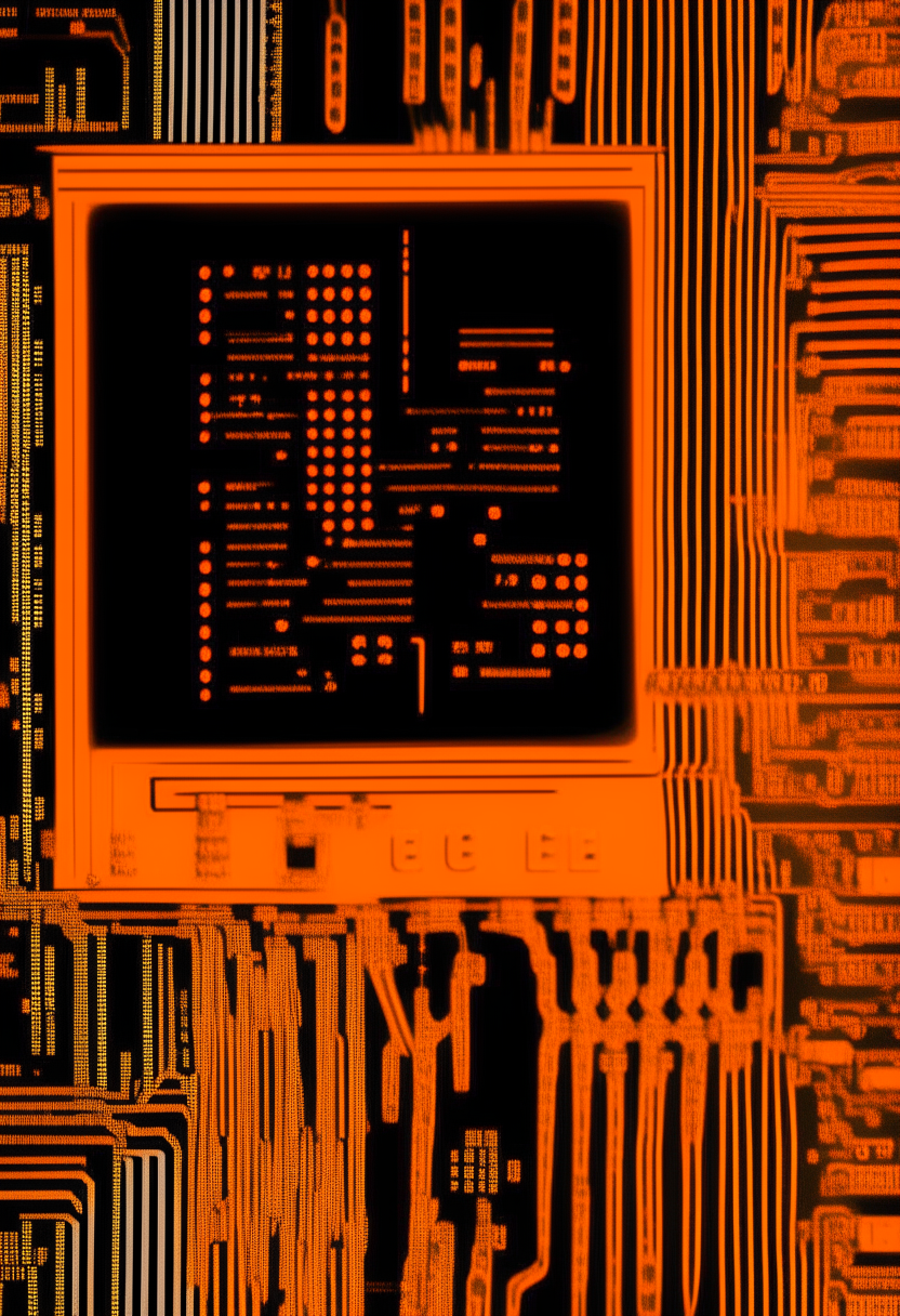 An orange and black computer terminal displaying 'VDIGITAL' against a circuit board pattern backdrop, pixel art, 460x200