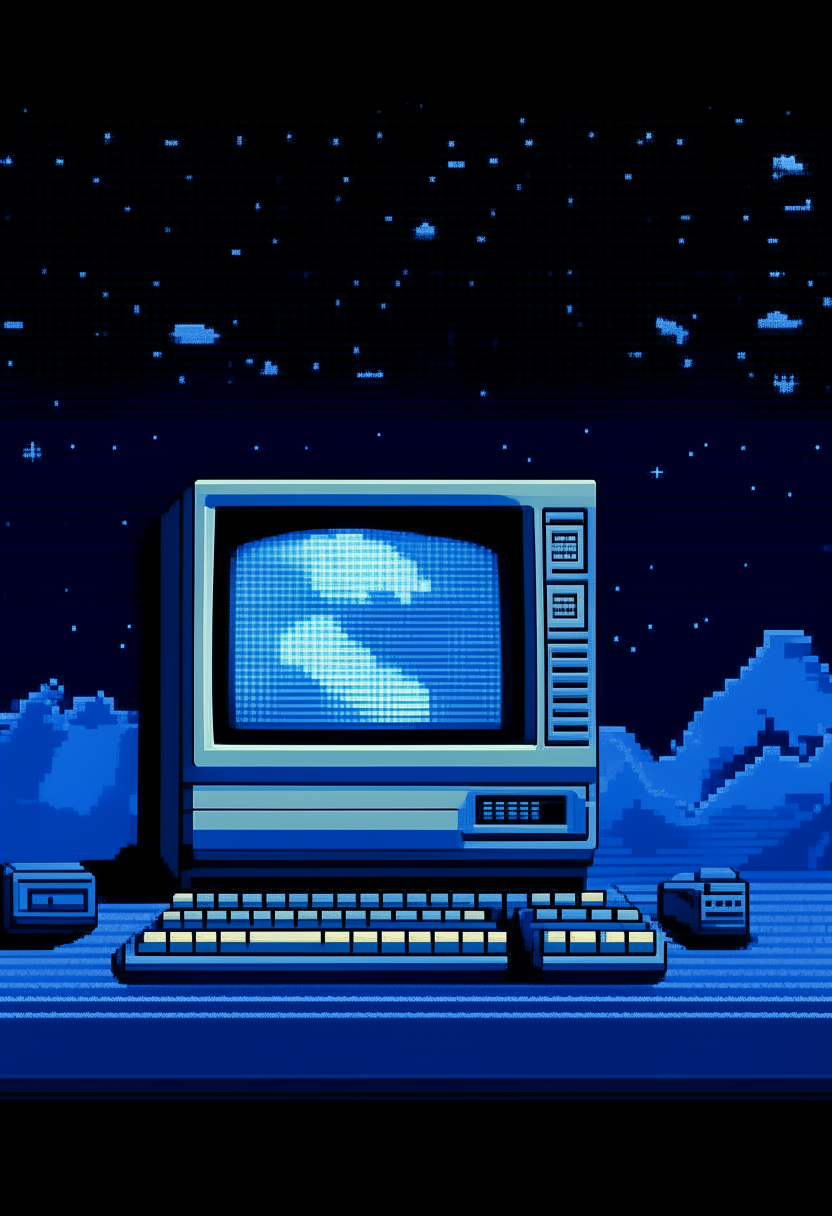 A blue and white computer terminal displaying 'RealmBorn' against a starry sky backdrop, pixel art, 460x200