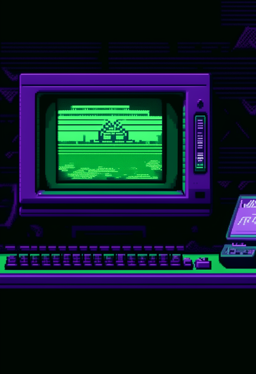 A purple and green computer terminal displaying 'V.A.I.H.A.' against a digital code backdrop, pixel art, 460x200