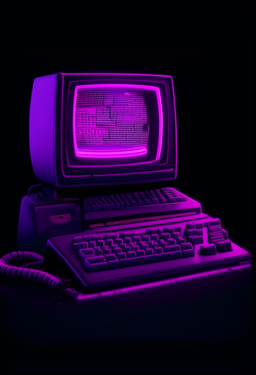 A neon pink and purple computer terminal displaying 'Neon-o-pia' against a dark purple backdrop, pixel art, 460x200