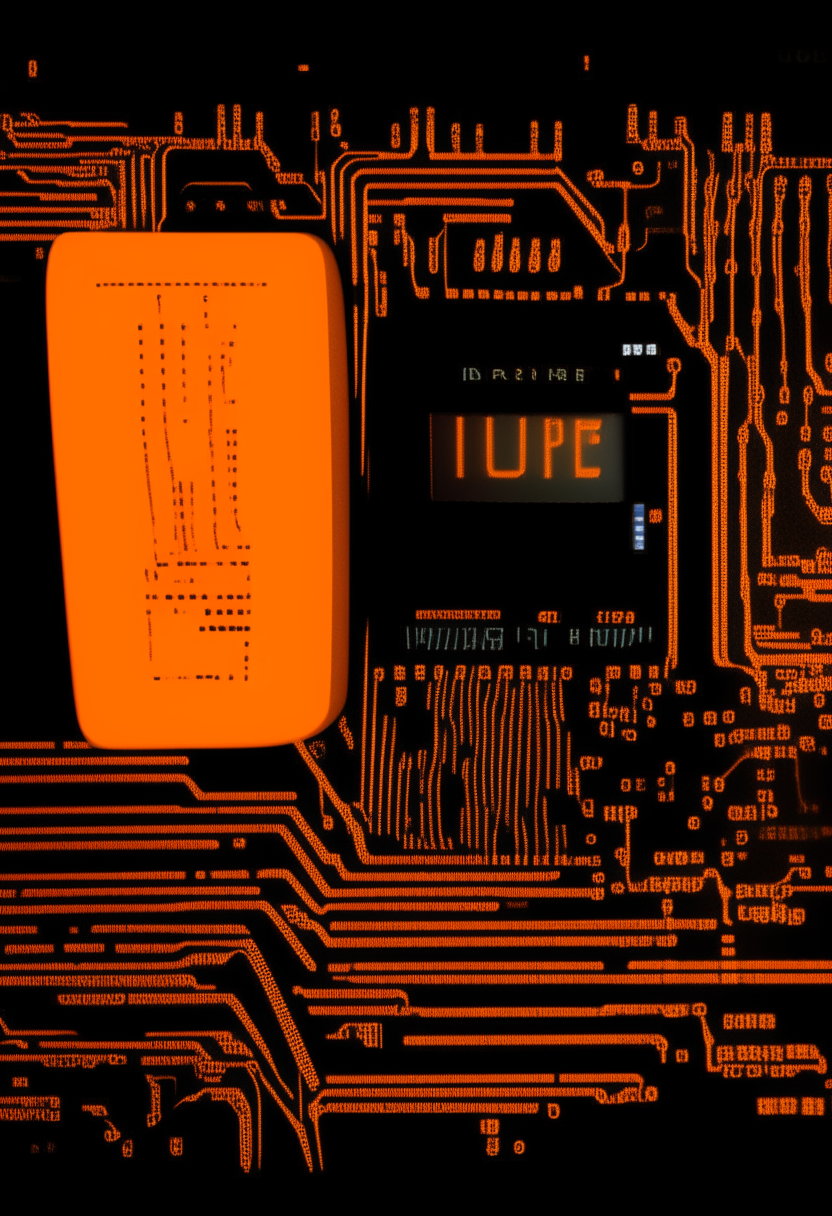 An orange and black computer terminal displaying 'VDIGITAL' against a circuit board pattern backdrop, pixel art, 460x200