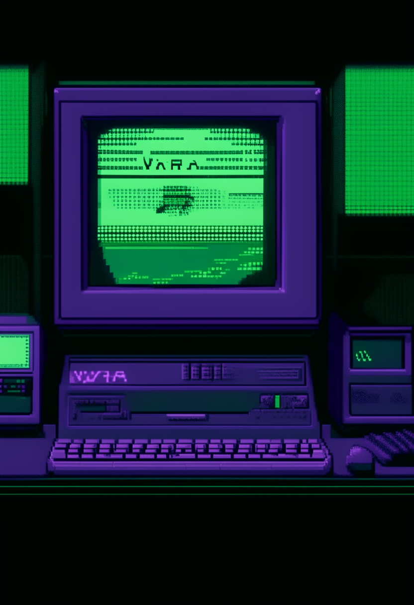 A purple and green computer terminal displaying 'V.A.I.H.A.' against a digital code backdrop, pixel art, 460x200