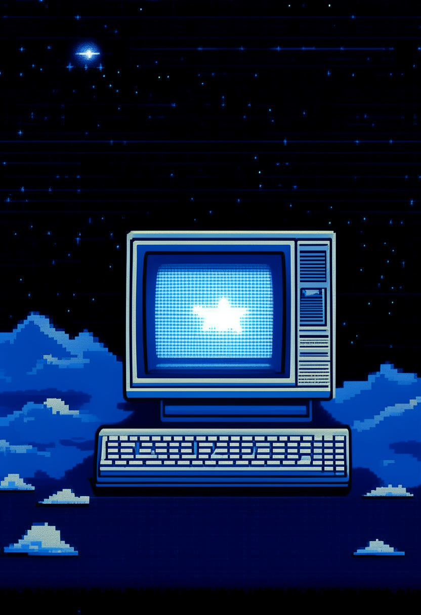 A blue and white computer terminal displaying 'RealmBorn' against a starry sky backdrop, pixel art, 460x200