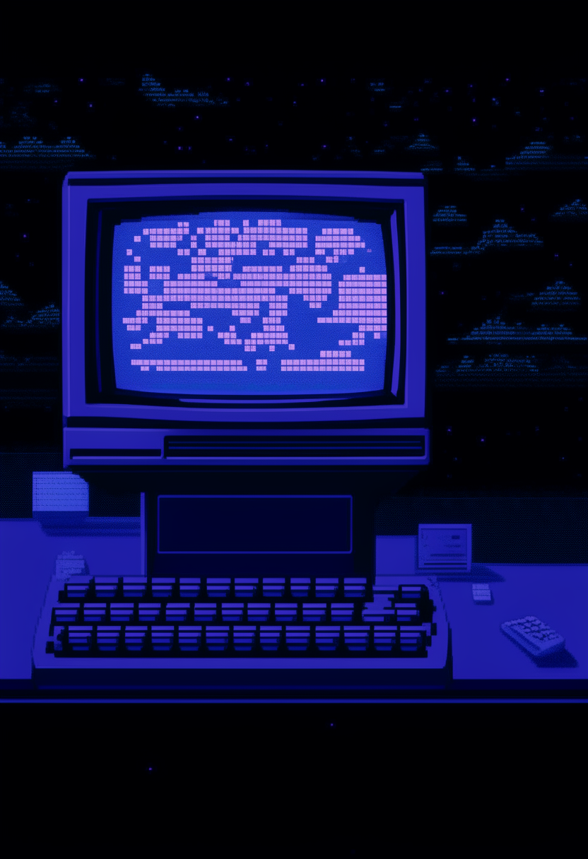 A blue and purple computer terminal displaying 'VDIGITAL' against a night sky backdrop, pixel art, 460x200